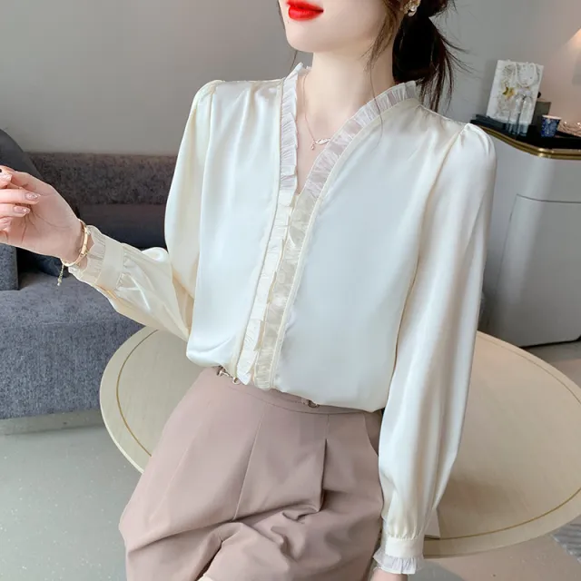 Sweet Wood Ear Chiffon White Shirt Women Apricot - Shop at LoveMi