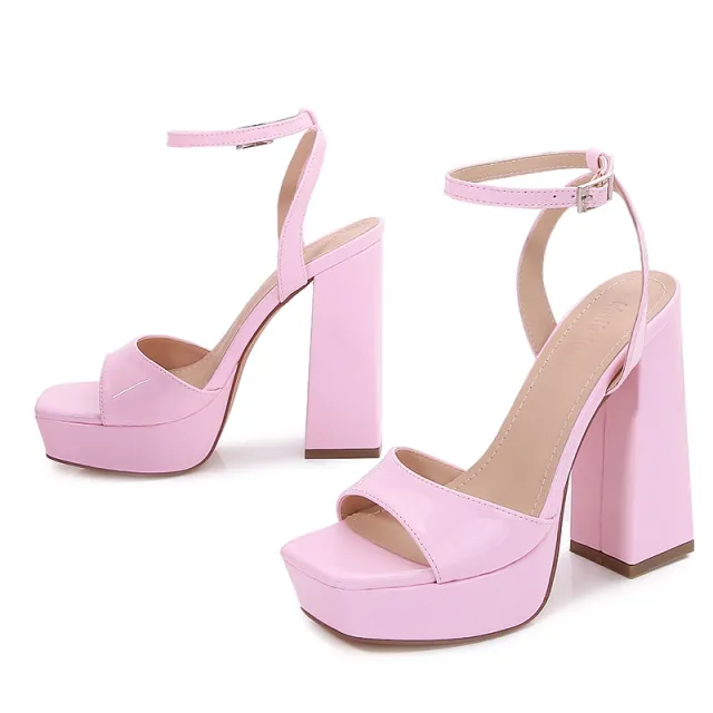 Women's Plus Size Square Toe Platform Chunky High Heel Sandals Pink - Shop at LoveMi