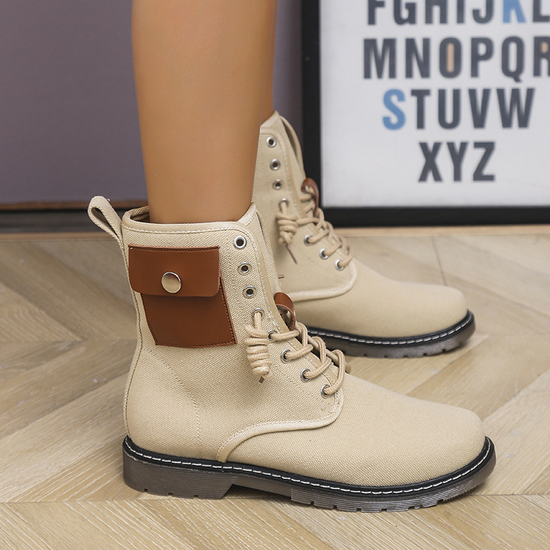Autumn And Winter Low heeled Lace up Leopard Print Fleece Snow Boots Khaki - Shop at LoveMi
