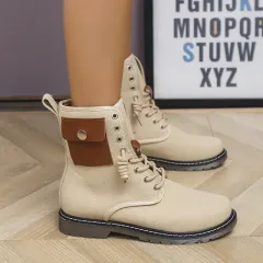 Autumn And Winter Low-heeled Lace-up Leopard Print Fleece Snow Boots - Khaki - View 1