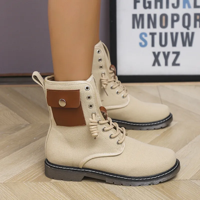 Autumn And Winter Low-heeled Lace-up Leopard Print Fleece Snow Boots - Khaki