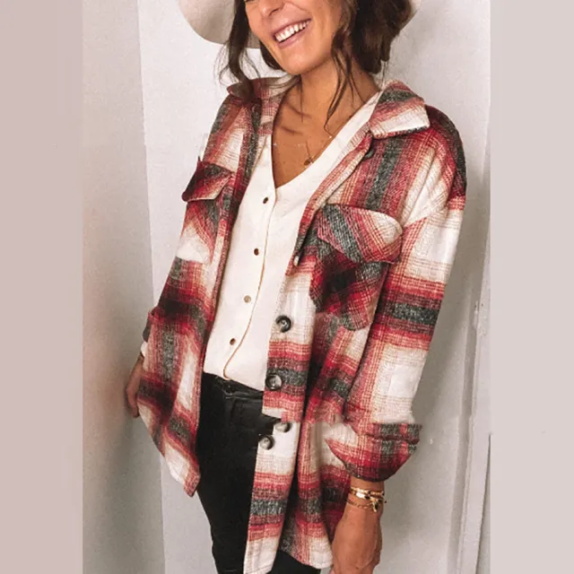 Autumn New Mid Length Loose Plaid Jacket Red - Shop at LoveMi