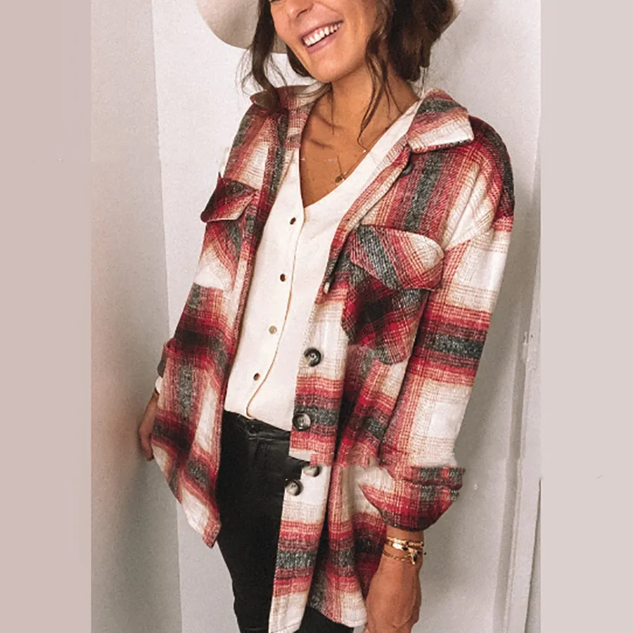 Autumn New Mid Length Loose Plaid Jacket - Red