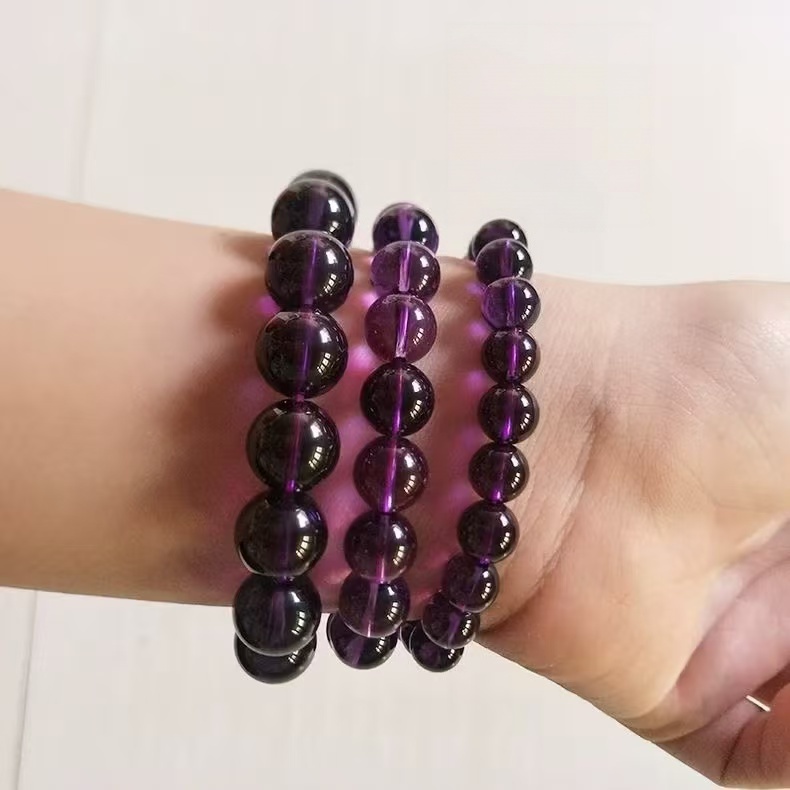 Natural Dark Amethyst Bracelet Uruguayan Amethyst Round Beaded Chain Unisex Energy Jewelry