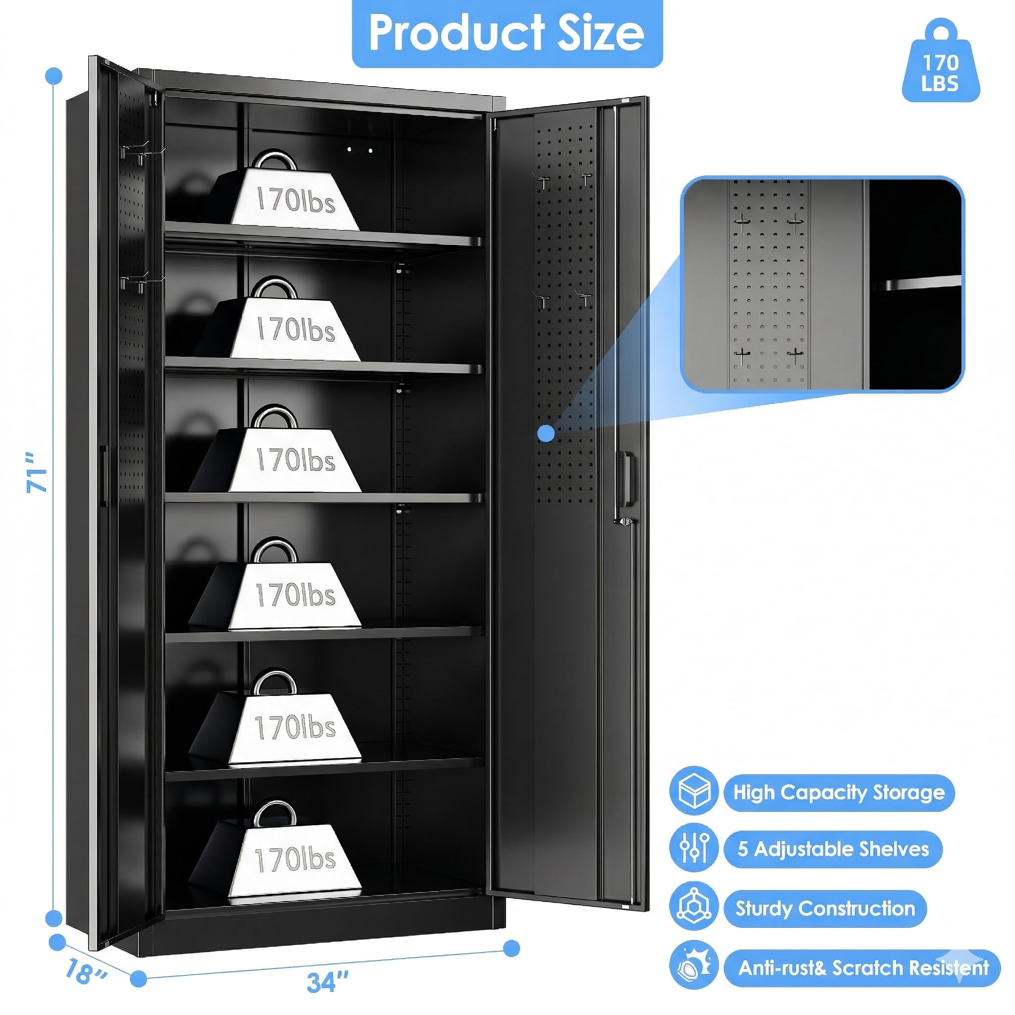Garage Storage Cabinet With 5 Adjustable Shelves, Locking Metal Storage Cabinet With Pegboard Doors For Garage, Home, Black, Assembly Required — foto 3