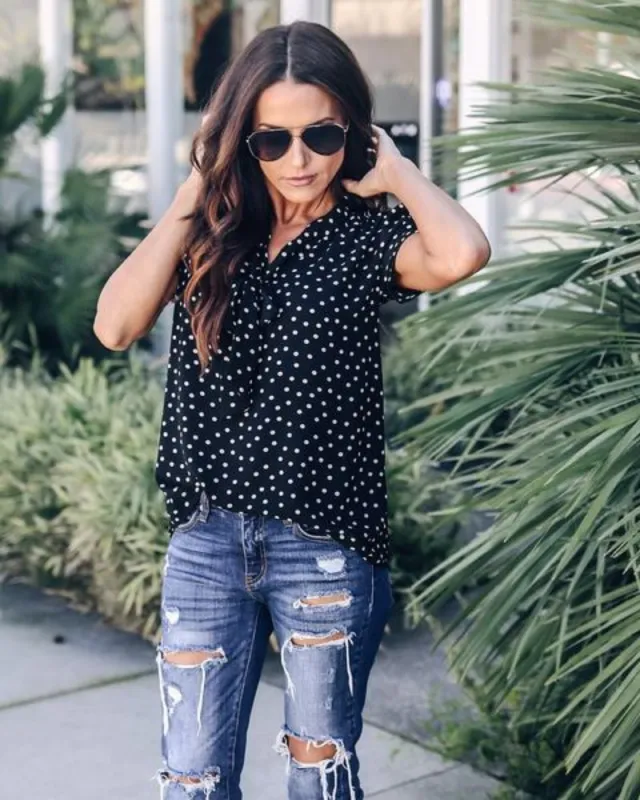 Polka Dot Loose Large Size Butterfly Chiffon Shirt V neck Short sleeved T shirt Black - Shop at LoveMi