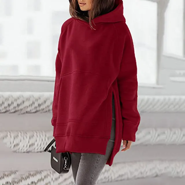 Women's Solid Round Neck Loose Pocket Plush Hoodie Red - Shop at LoveMi
