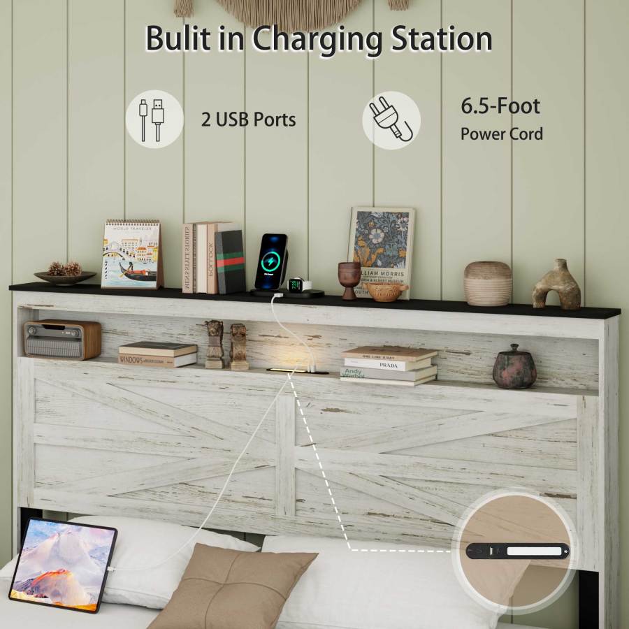 Full Floating Bed Frame With LED, Charger & Hidden Storage, White & Gray