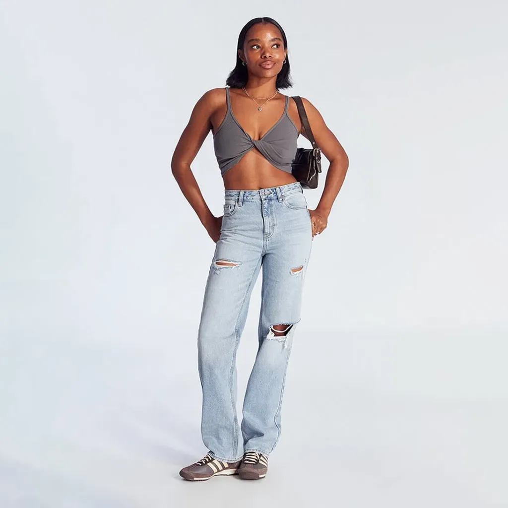 High Waist Ripped Straight Leg Jeans For Women Light Wash Casual Distressed Denim Pants With Knee Cut And Relaxed Fit Straight Leg Jeans Bottom Bas...