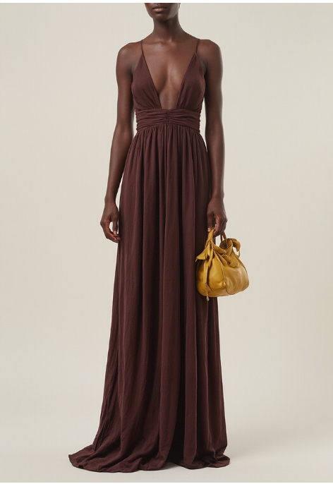 Brown Low cut Pleated Maxi Dress Brown - Shop at LoveMi