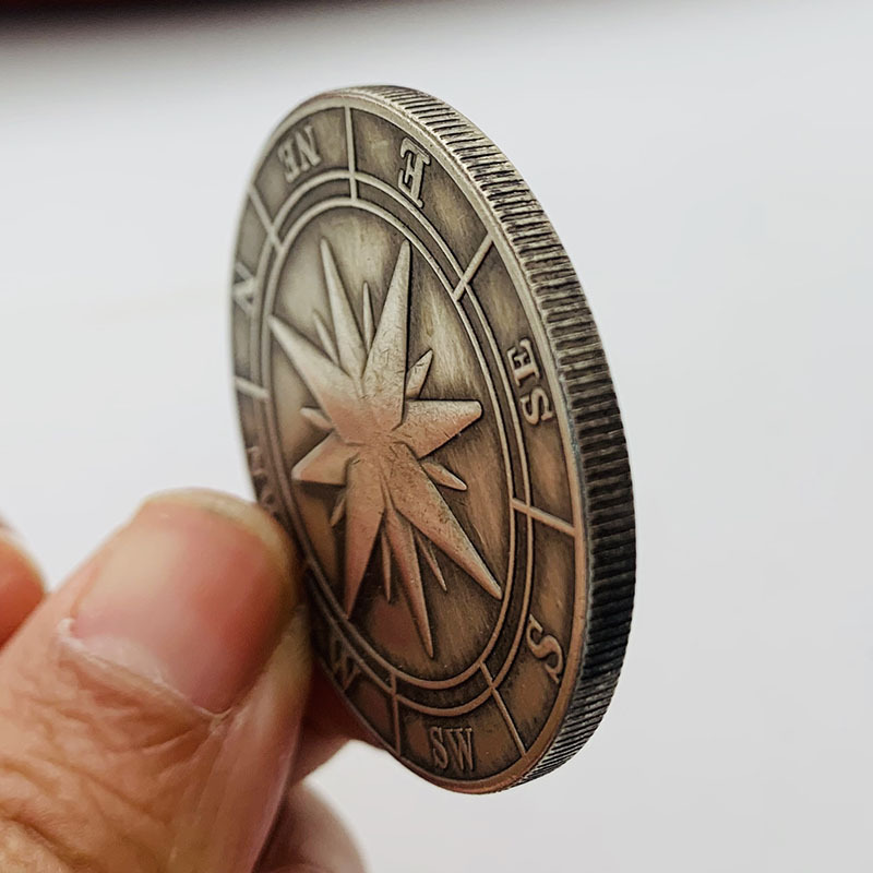 Deep engraving compass brass old silver coin craft handle