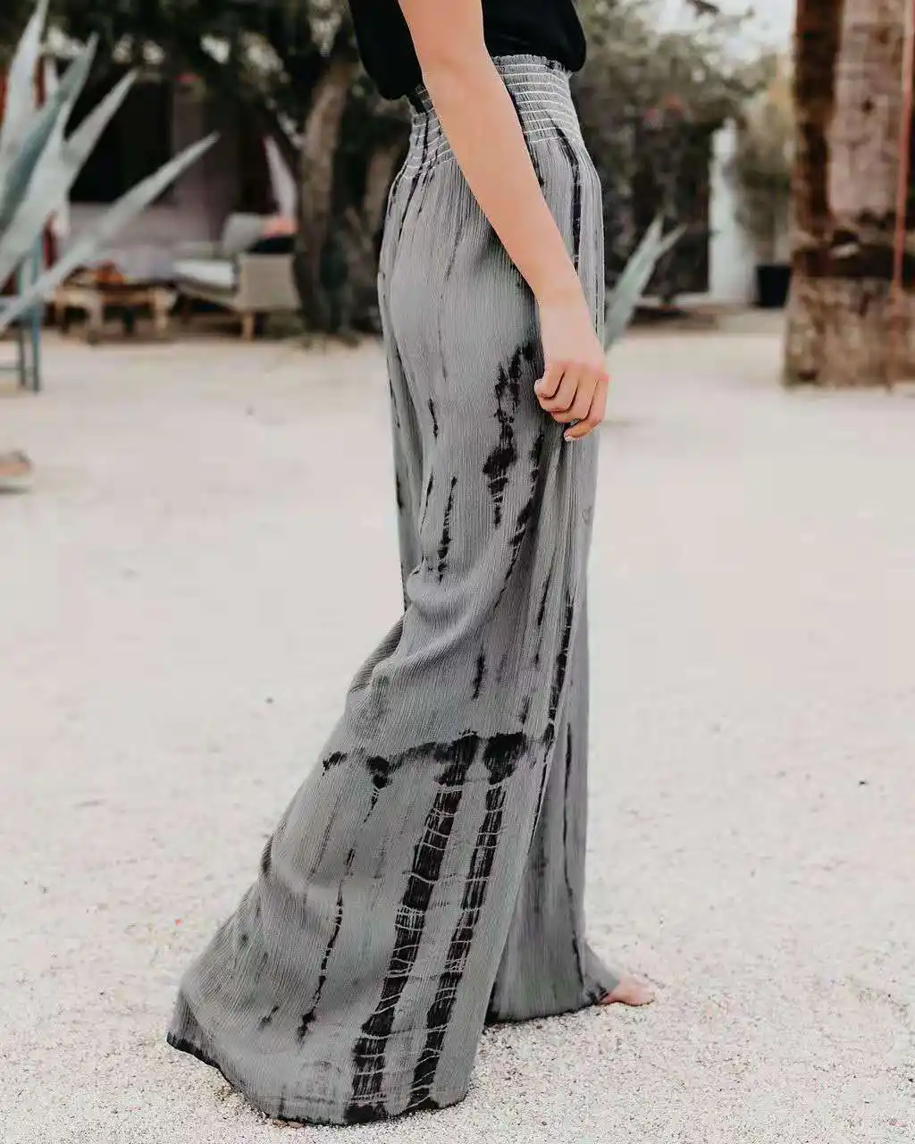 Elasticized High Waist Pocket Wide Leg Casual Pants