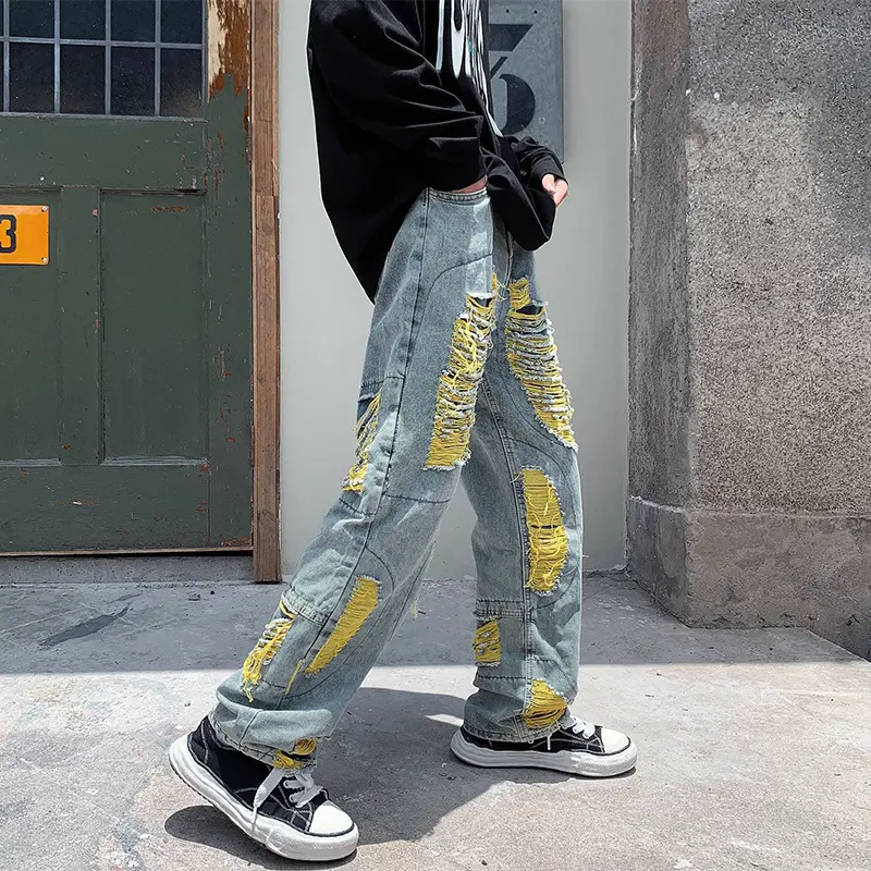 Mens Vintage Loose Ripped and Worn Jeans