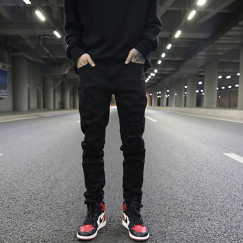 Title 2, Black All-Match Slim-Fit Jeans With Ripped Patches