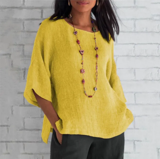 Women's Round Neck Cotton And Linen Shirt Yellow - Shop at LoveMi