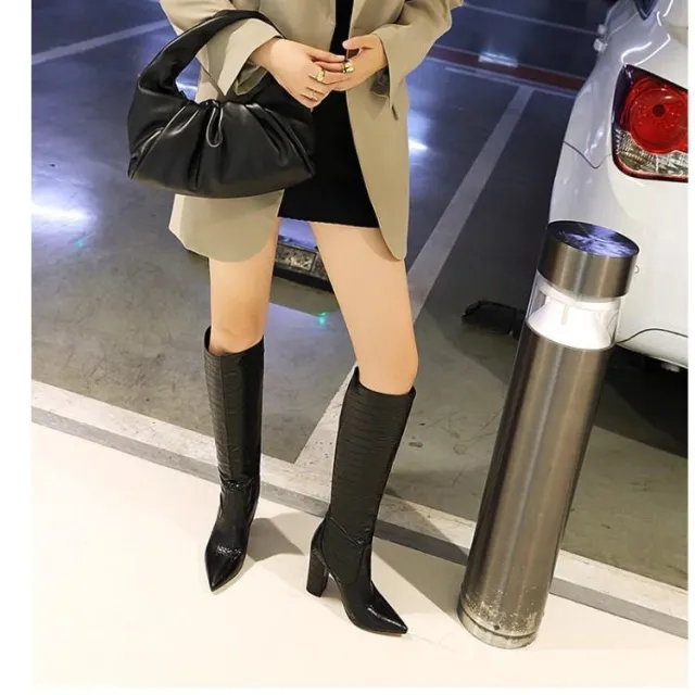 Pointed Super High Heel Thick Heel Snake Print High Boots Women Boots Black - Shop at LoveMi