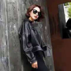 Black And White Line Lapel Women's PU Leather Jacket - Black - View 1