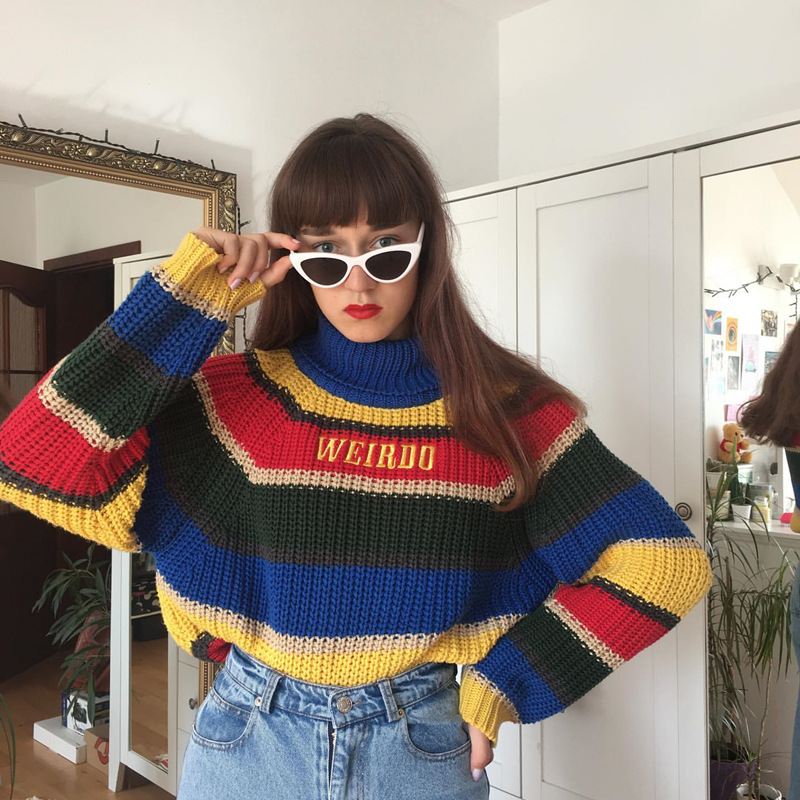 Title 3, Rainbow Stripes Letter Embroidery Turtleneck Lo...