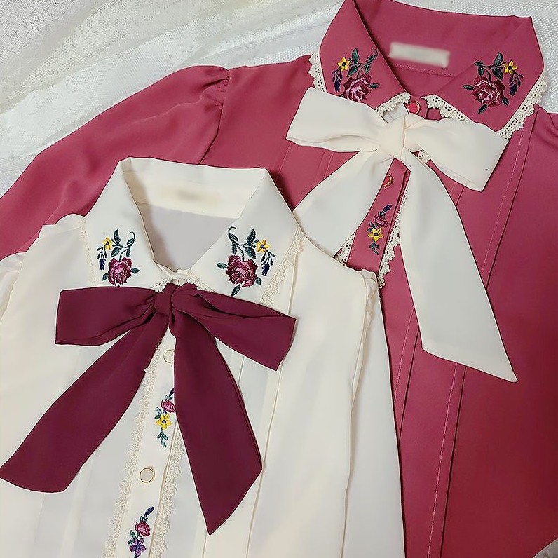 Spring And Summer Sweet Embroidered Lace Doll Collar Bow Tie Long-sleeved Shirt Blouse Female