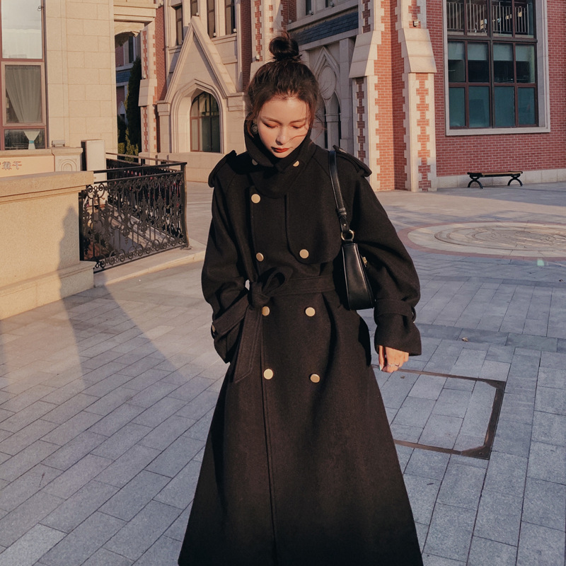Mid-length Over-the-knee Minimalist Woolen Coat Thickened In Autumn And Winter
