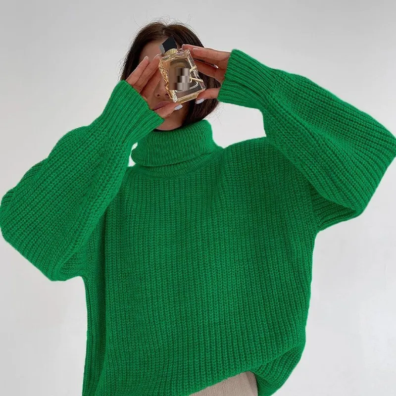 Thick Autumn And Winter Turtleneck Sweater Casual Solid Color Russian Knitwear - Green