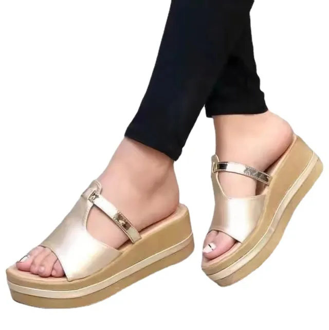 Slippers With Wedge Heel And Thick soled Large Size Car Line Slipper Gold - Shop at LoveMi