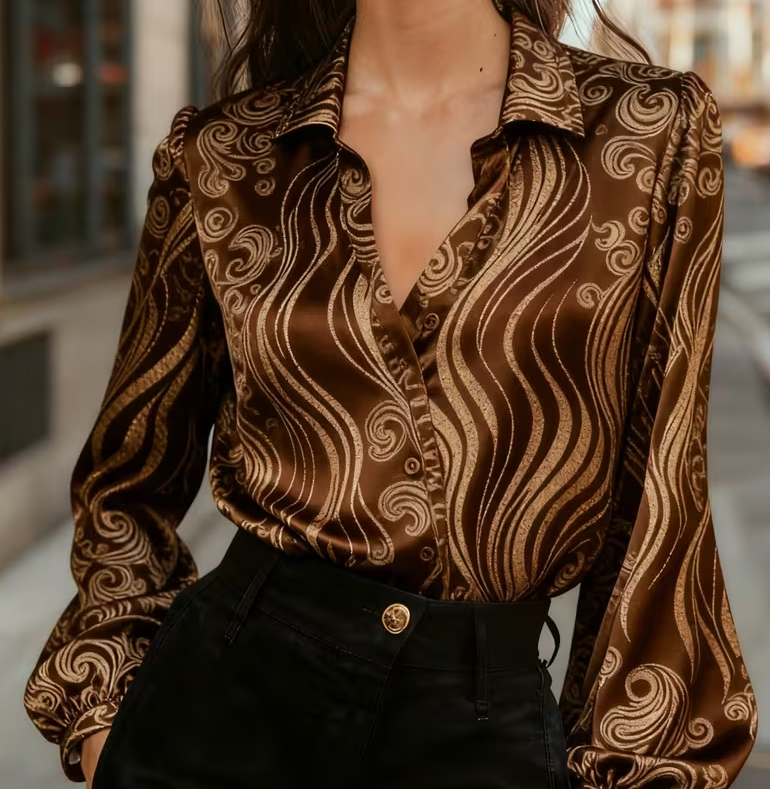 Chemise bouffante à blocs de couleurs et bordures rouges style luxe urbain pour femmes