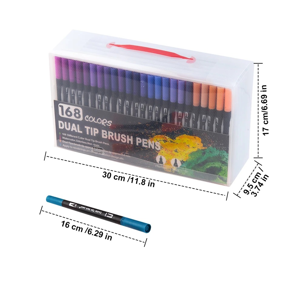 168 Colors Dual Tip Brush Markers Set Black Barrel Watercolour Pens