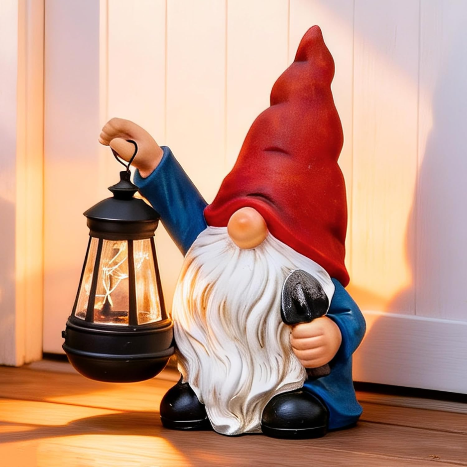 Garden Gnomes Statues Outdoor Decor With Shovel Solar Gnome With Lantern LED Lights,Terrace Xmas Courtyard Lawn Patio Porch Decoration Birthday 5