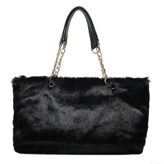 Ladies Large Capacity Plush Leopard Print Tote Bag - Black - View 1