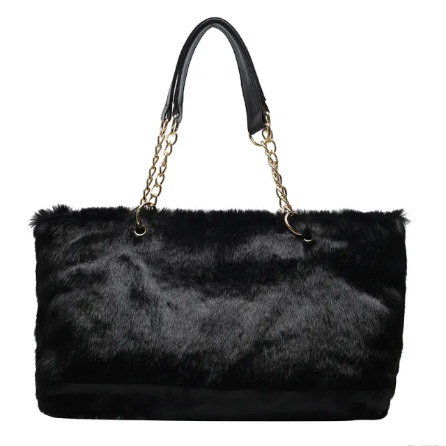 Ladies Large Capacity Plush Leopard Print Tote Bag Black - Shop at LoveMi