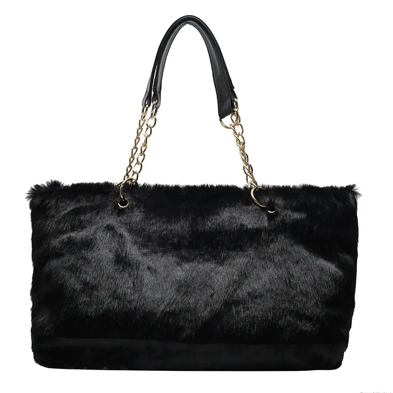 Ladies Large Capacity Plush Leopard Print Tote Bag - Black