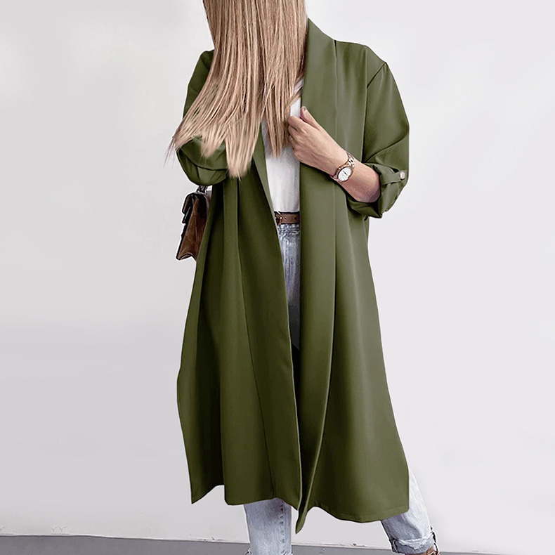 Title 13, Lengthened Solid Color Trench Coat Without Belt...