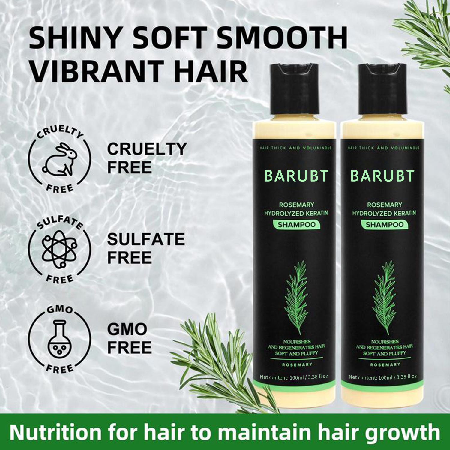 Rosemary Hydrolyzed Keratin Shampoo, Sulfate-Free, Cruelty-Free For Smooth & Shiny Hair