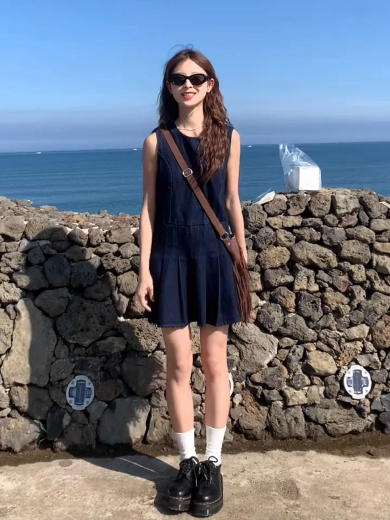 Retro Literary Denim Vest Skirt Pleated Women's Summer Blue Slim Commuting Sleeveless Dress