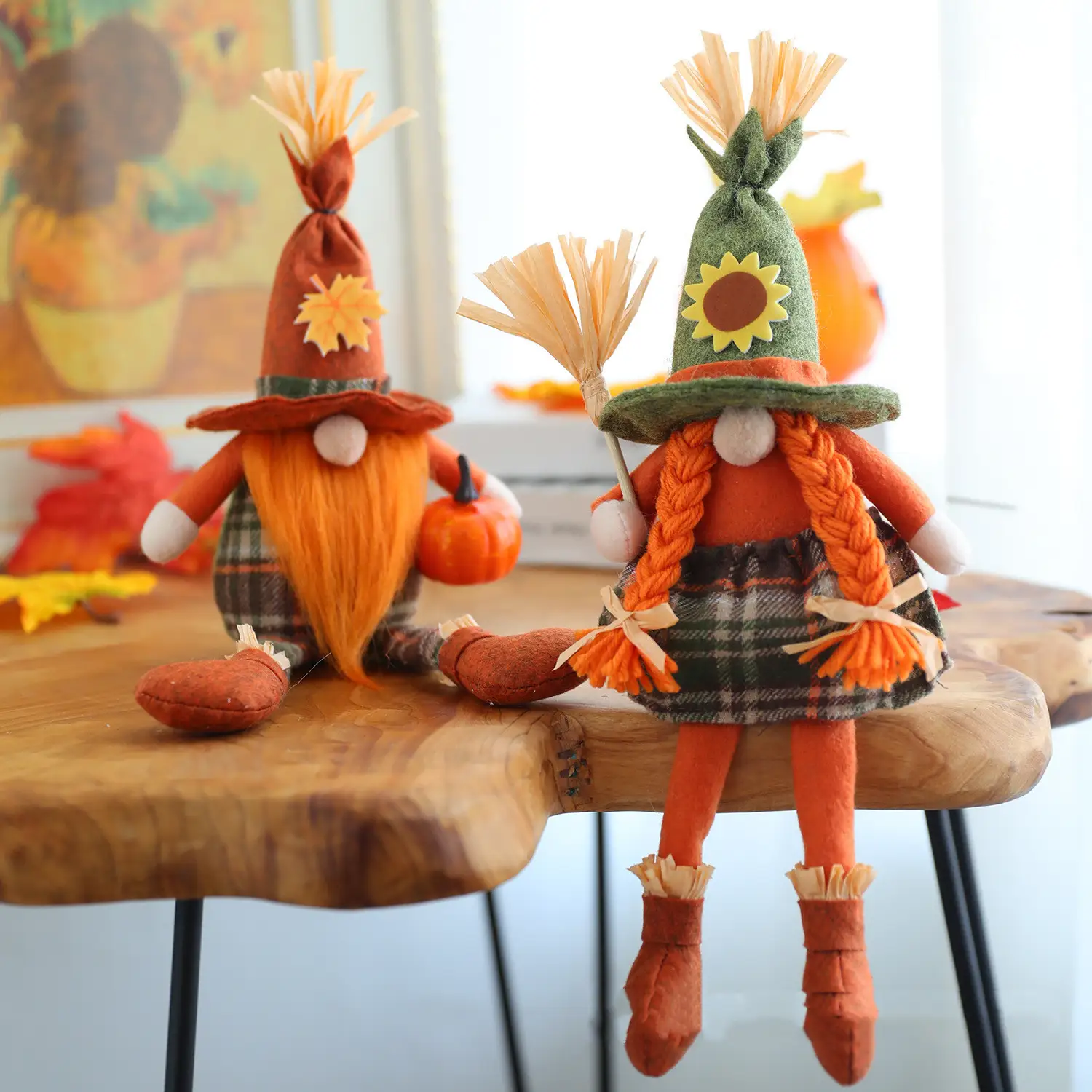 Harvest Festival Orange Pumpkin Broom Witch Scarecrow Faceless Doll
