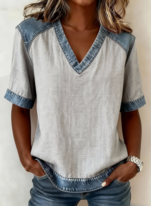 Color-blocked V-neck Raglan Sleeve T-shirt For Women, Loose Fit, Casual And Versatile Short Sleeve.