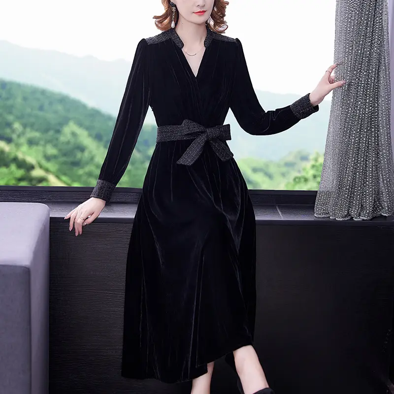 Spring Gold Velvet Long-sleeved Dress High-end Western Style