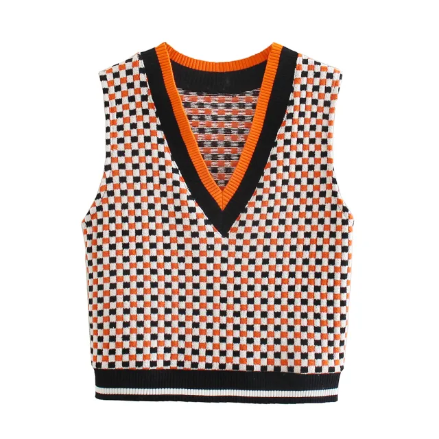 Patchwork Retro Check Vest Vest Sweater Top L - Shop at LoveMi