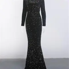 Women Modest Stretch Sequin Royal Blue Evening Prom Gown Party - Black - View 1