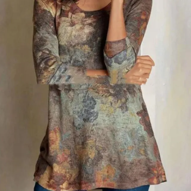 Vintage Art Print Loose Round Neck Long Sleeve Khaki - Shop at LoveMi