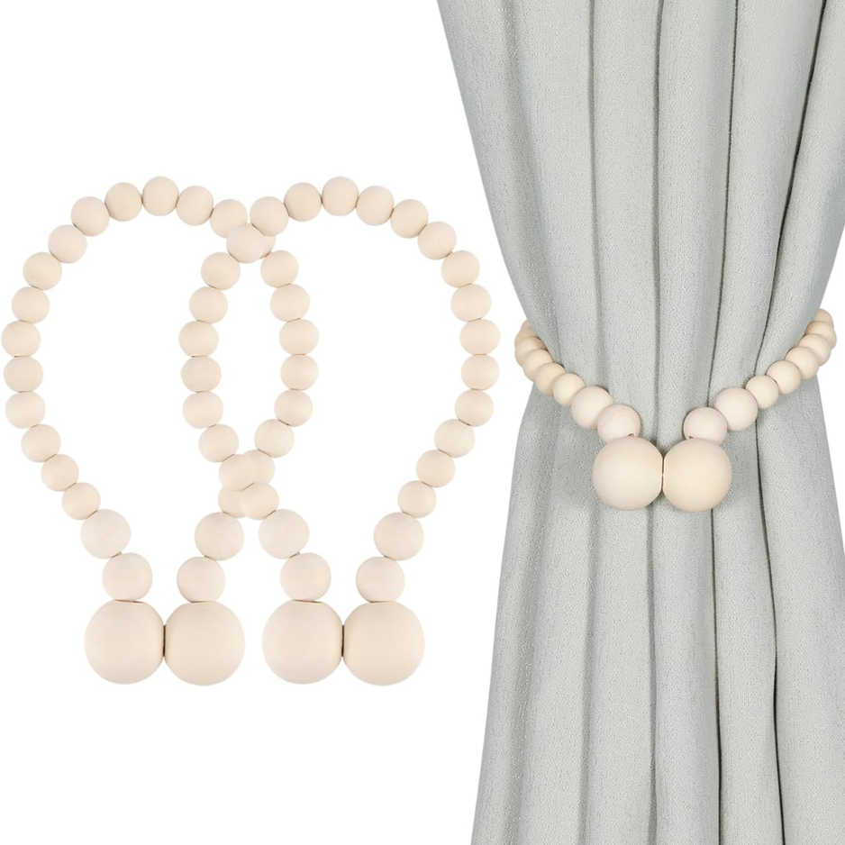 Magnetic Curtain Tiebacks, 2 Pack Wood Bead Curtain Holdbacks