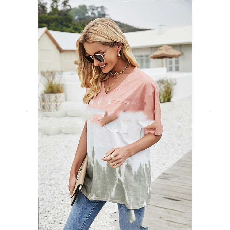 Women's Gradient Tie Dye Loose V-Neck Short Sleeve T-Shirt Top