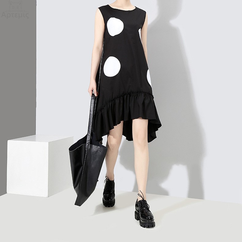 Skirt Dress Gown Women's Black And White Polka Dot Skirt Ruffled Sleeveless Vest Dress