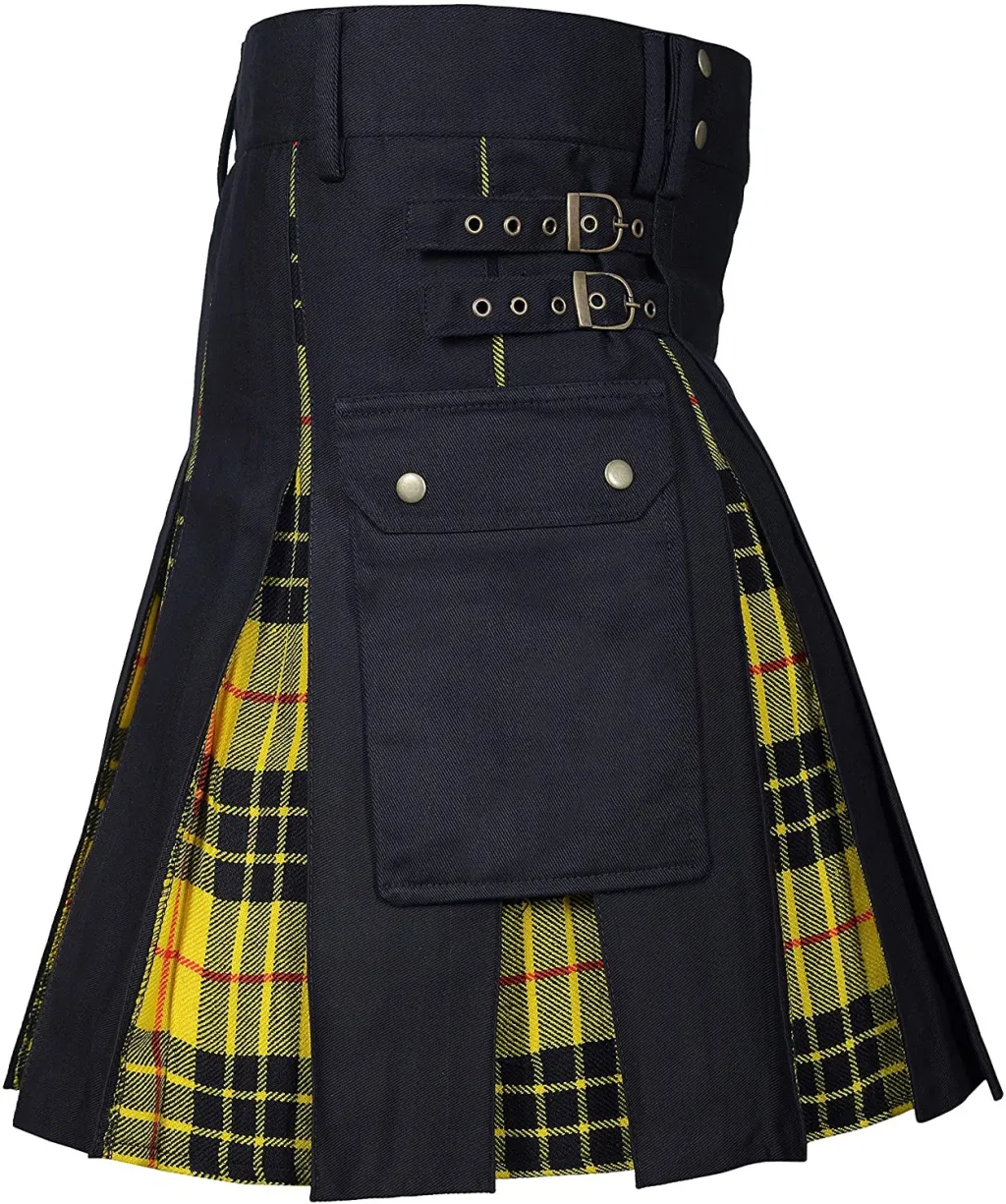 Men's Scottish Plaid Contrast Pleated Skirt - Yellow Plus Black