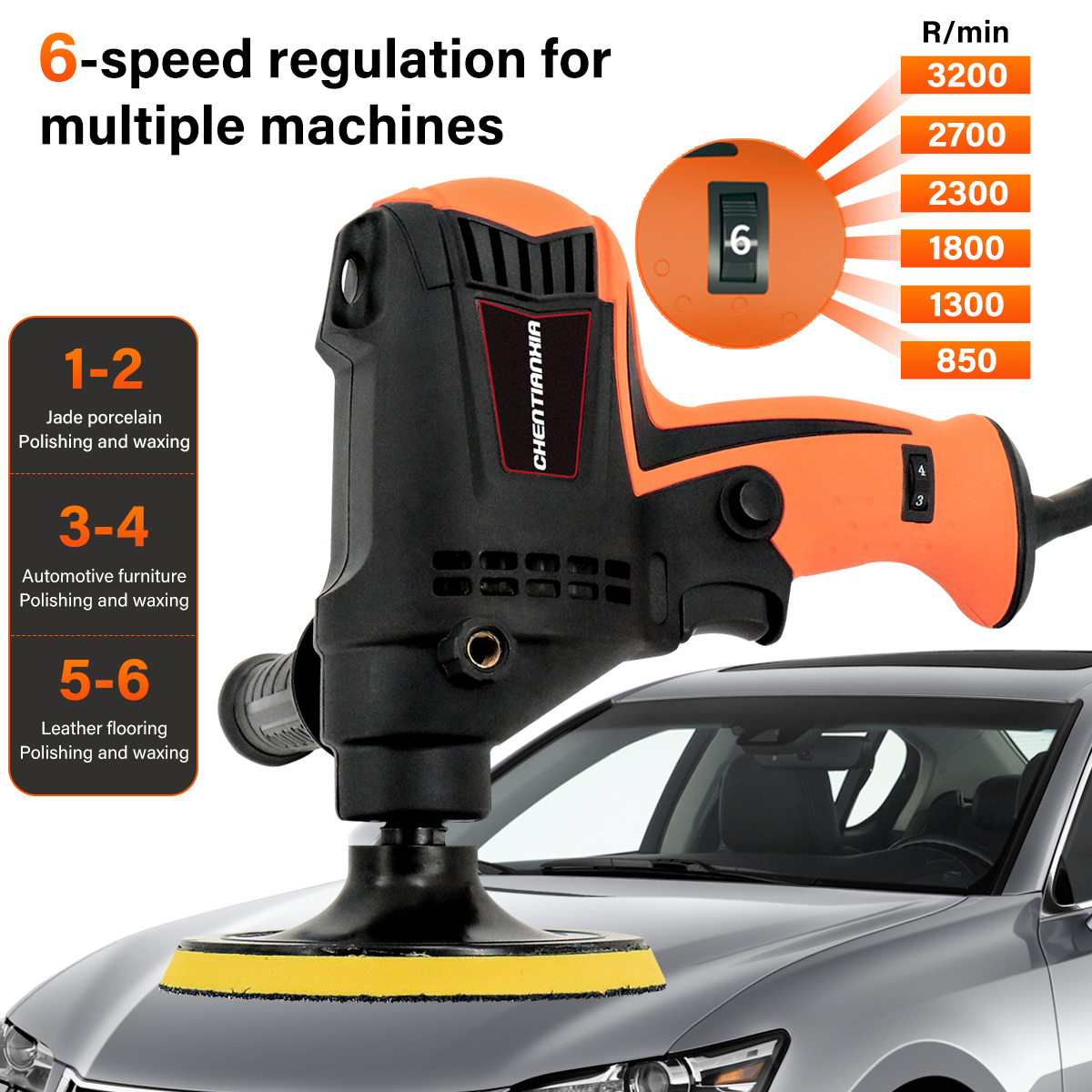 980W Heavy Duty Car Polisher Buffer Sander Waxing Kit 6 Speed With 5 Pad Bonnet 8