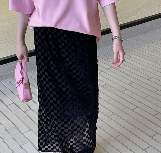 Stitching Velvet Checkerboard Plaid Skirt With High Waist