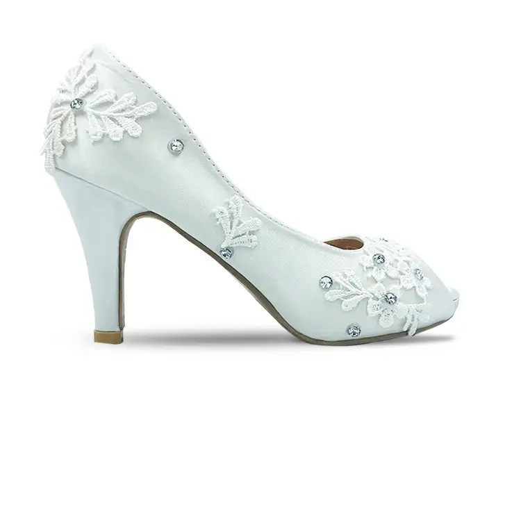 White Lace Flower Stiletto Wedding Pumps with Rhinestones