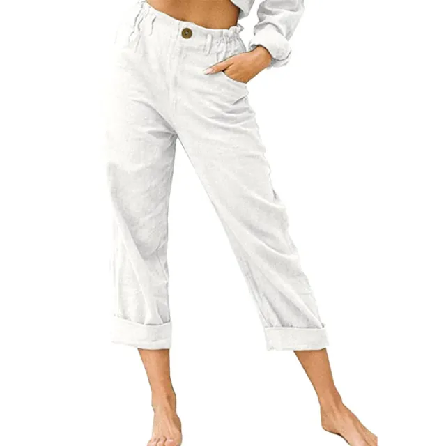 Patchwork Pant Women's Cotton Linen Pants Drawstring Back Elastic Waist Pants Loose Casual Trousers White - Shop at LoveMi
