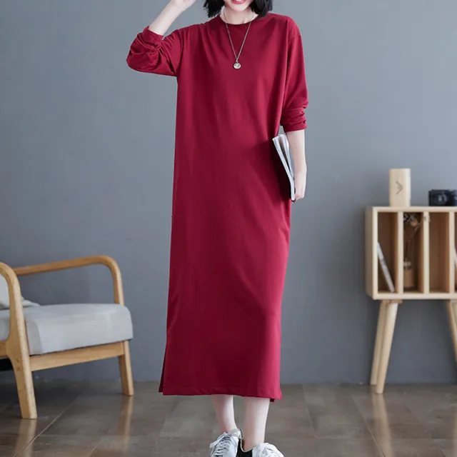 Women's Casual Solid Color Round Neck Dress, Loose Fit Long Sleeve Midi Dress With Slit And Pockets Wine Red - Shop at LoveMi
